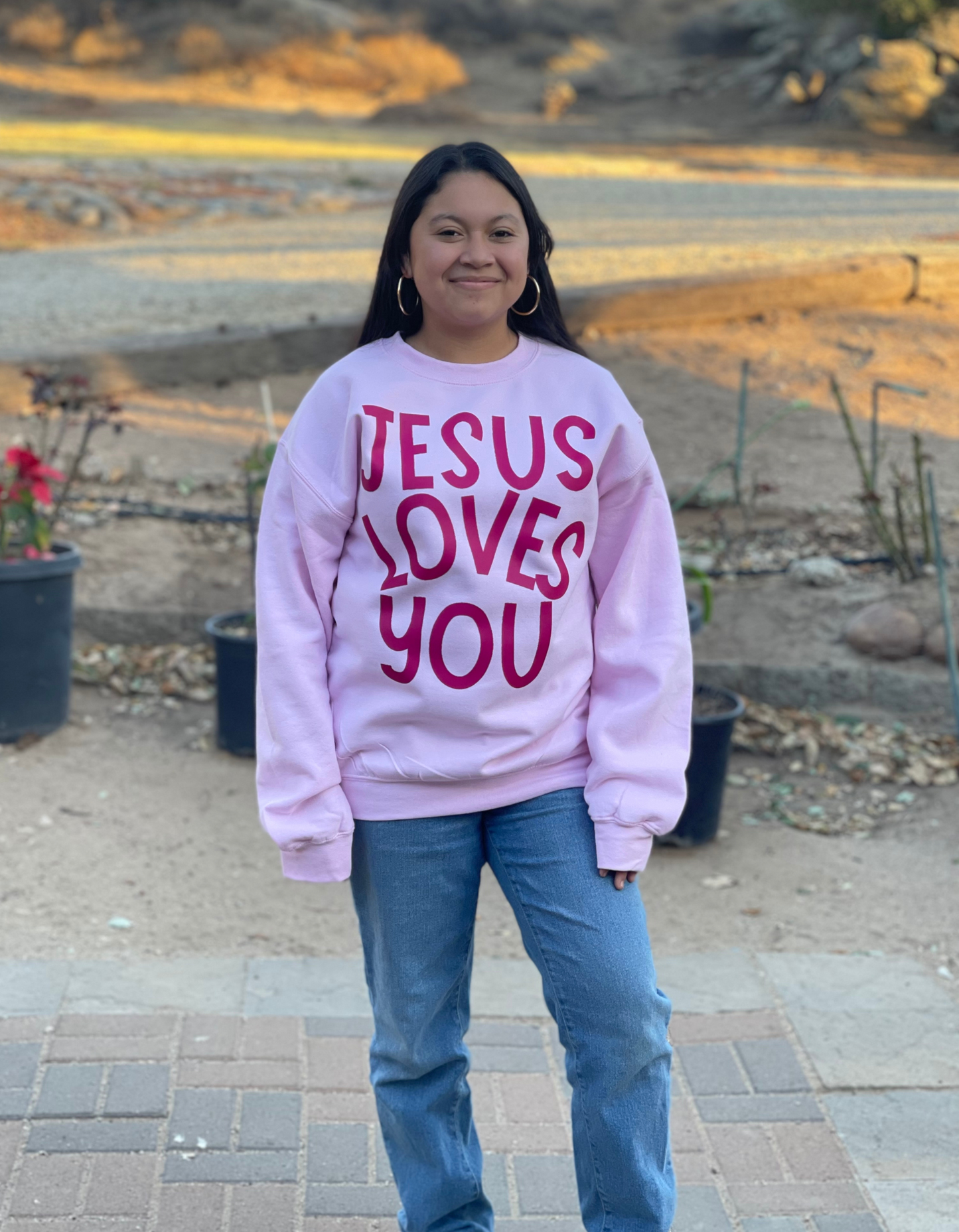 Soft pink Jesus Loves You Crewneck