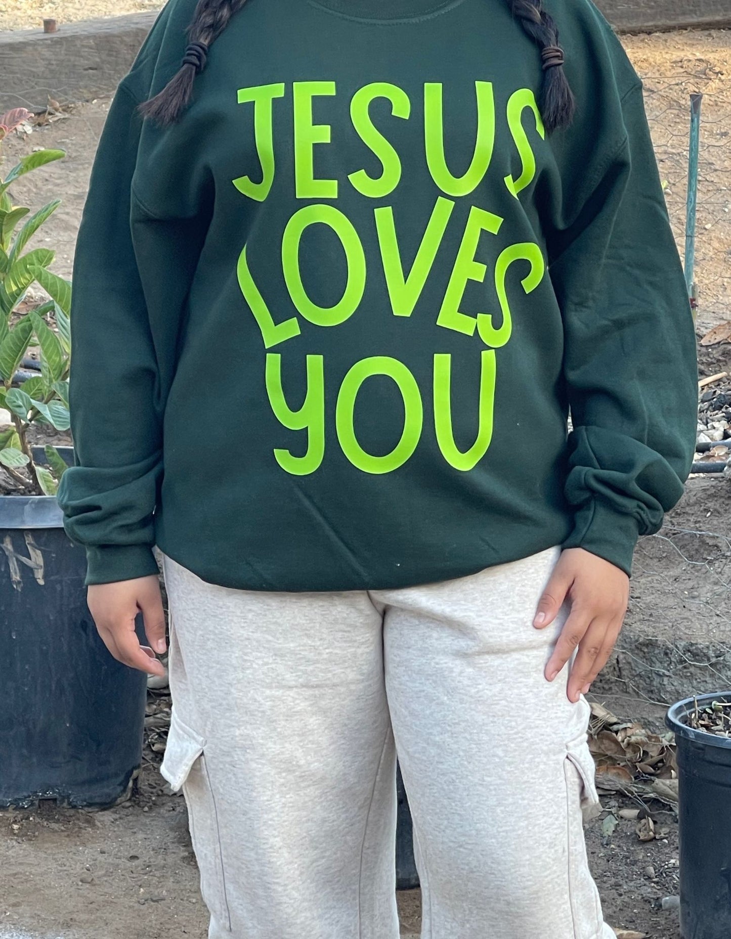 Dark Green Color Jesus Loves You Crewneck