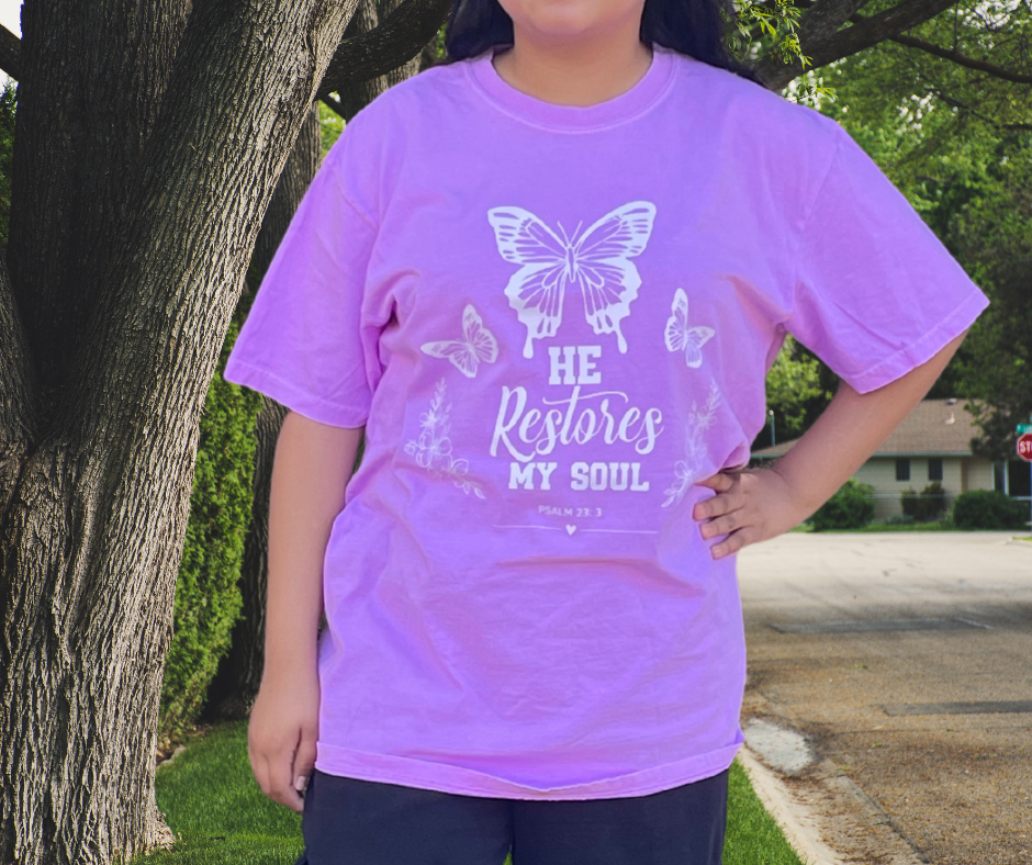 He Restores My Soul Comfort Colors Tee- Neon purple