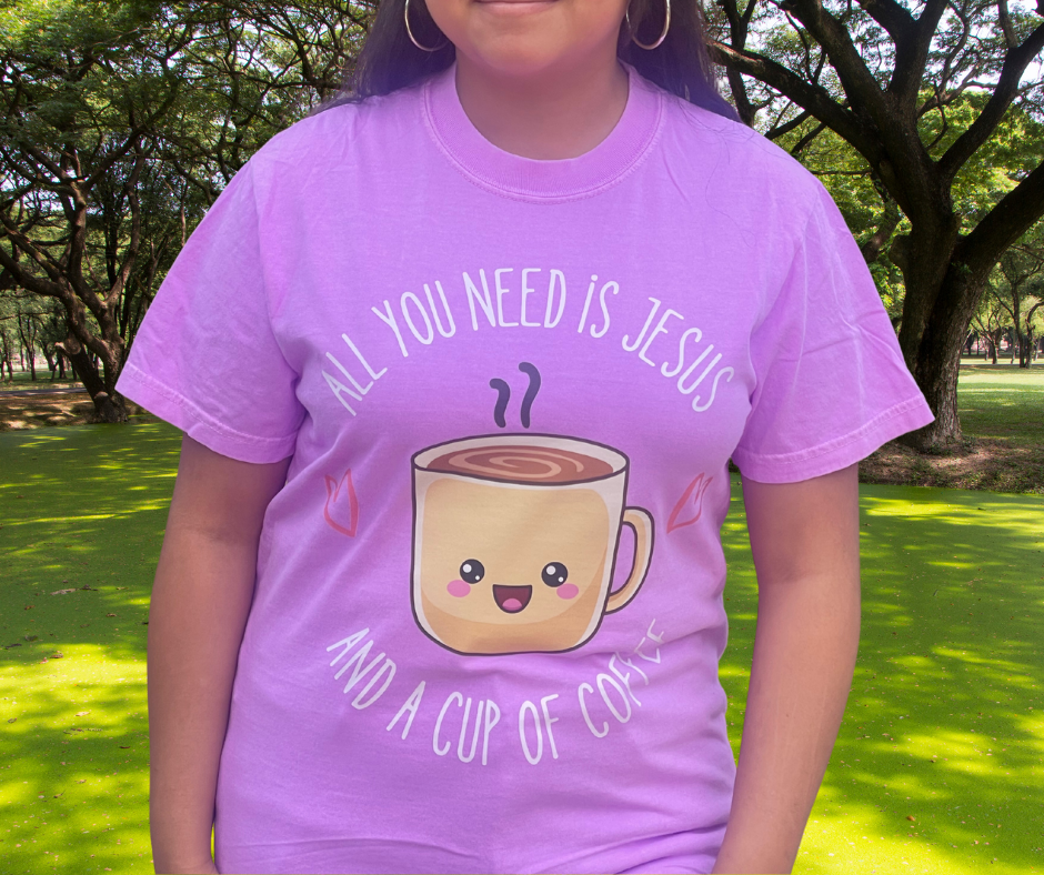 All I Need Is Jesus and a Cup of Coffee Tee- Neon purple