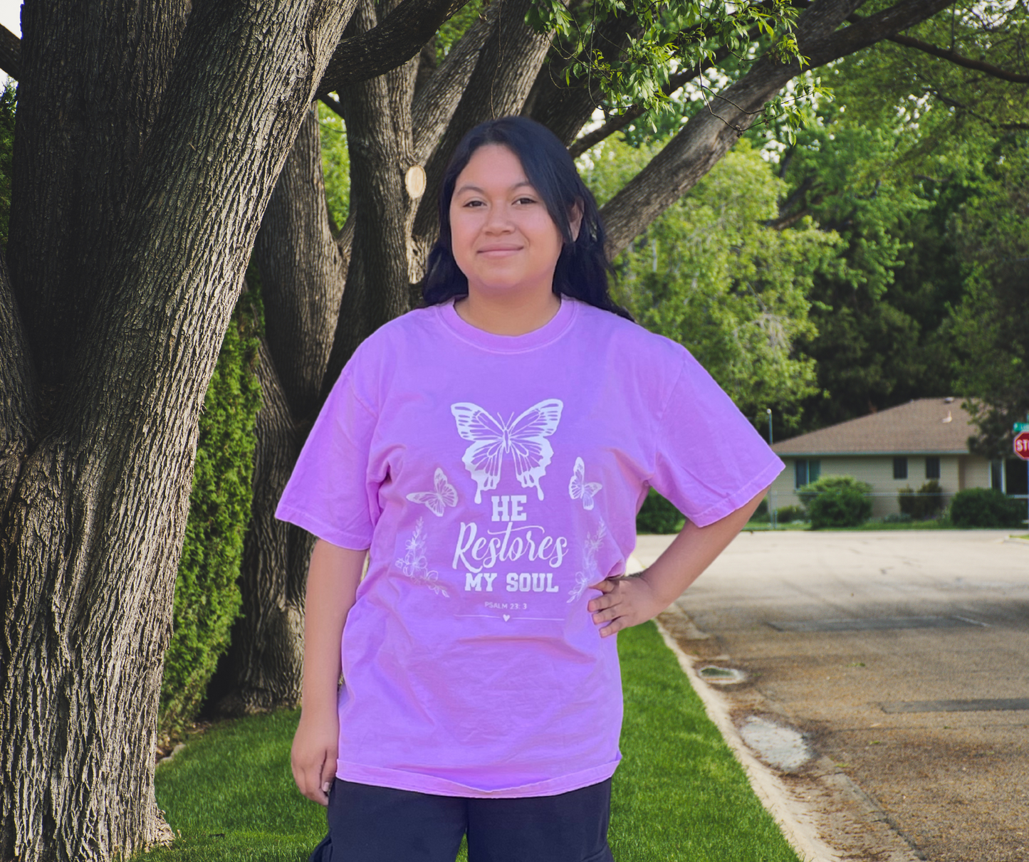 He Restores My Soul Comfort Colors Tee- Neon purple