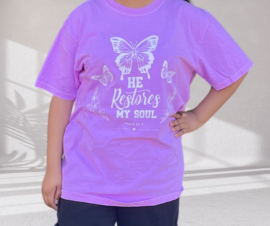 He Restores My Soul Comfort Colors Tee- Neon purple
