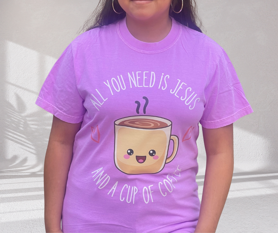 All I Need Is Jesus and a Cup of Coffee Tee- Neon purple