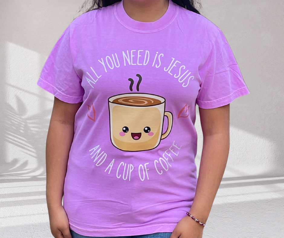 All I Need Is Jesus and a Cup of Coffee Tee- Neon purple