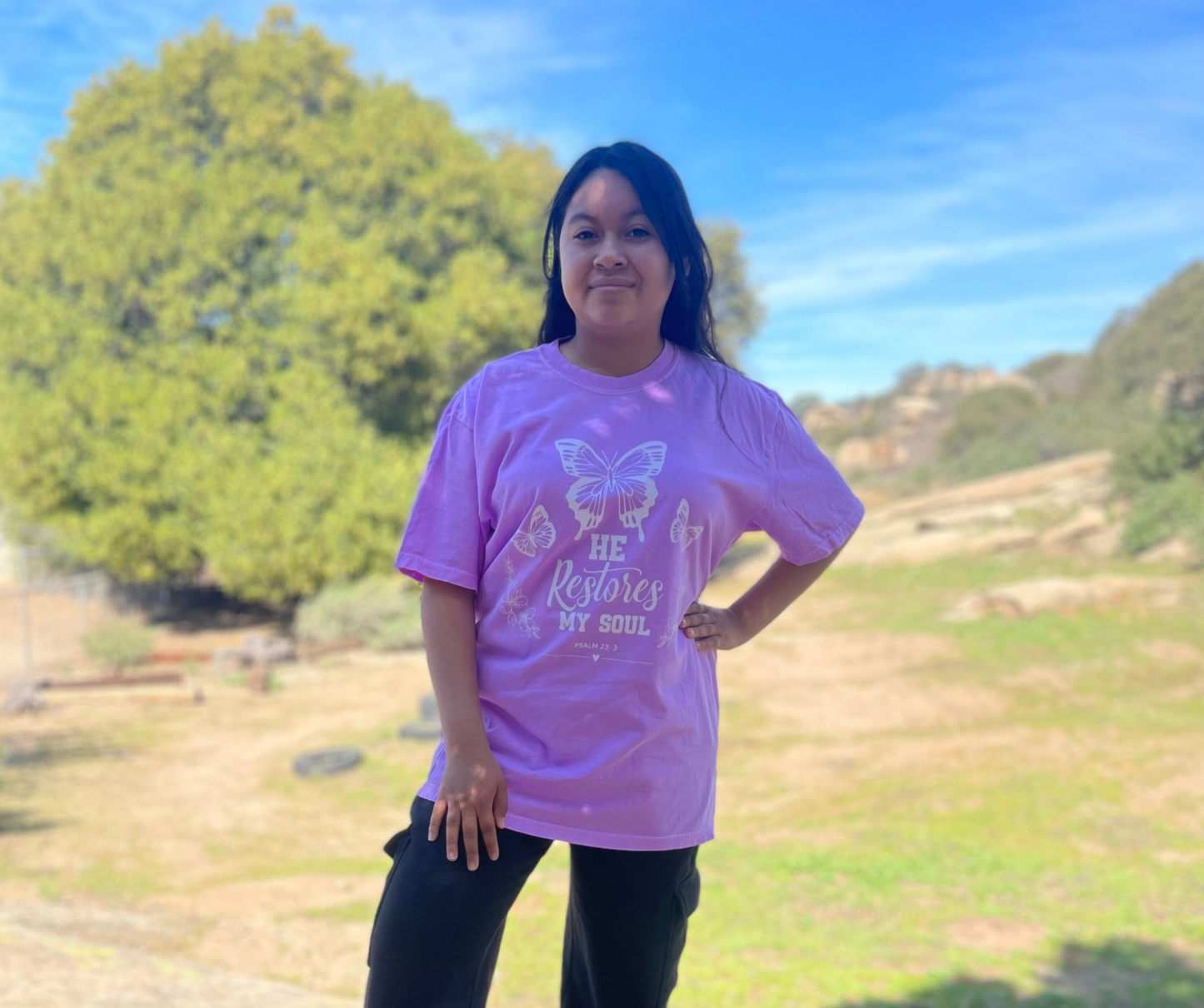 He Restores My Soul Comfort Colors Tee- Neon purple