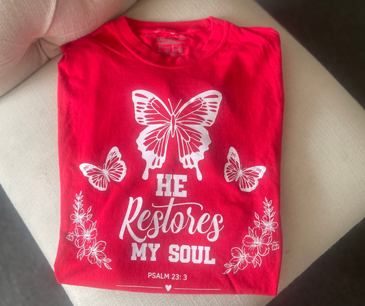 He Restores My Soul Comfort Colors Tee- Red color
