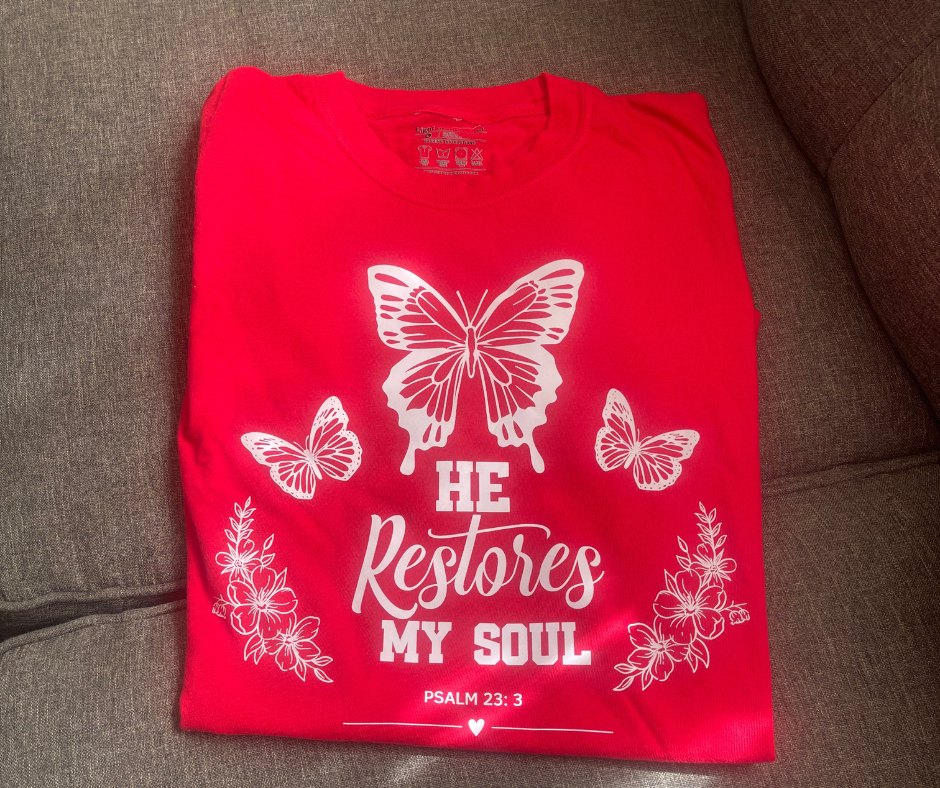 He Restores My Soul Comfort Colors Tee- Red color