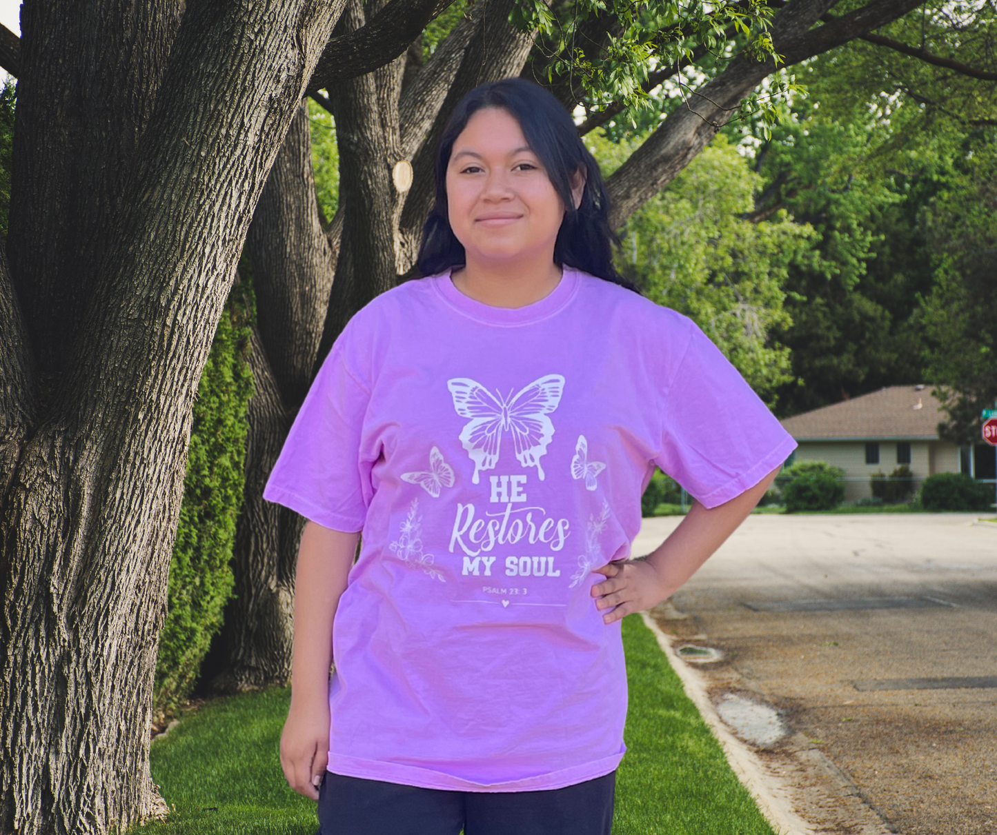 He Restores My Soul Comfort Colors Tee- Neon purple