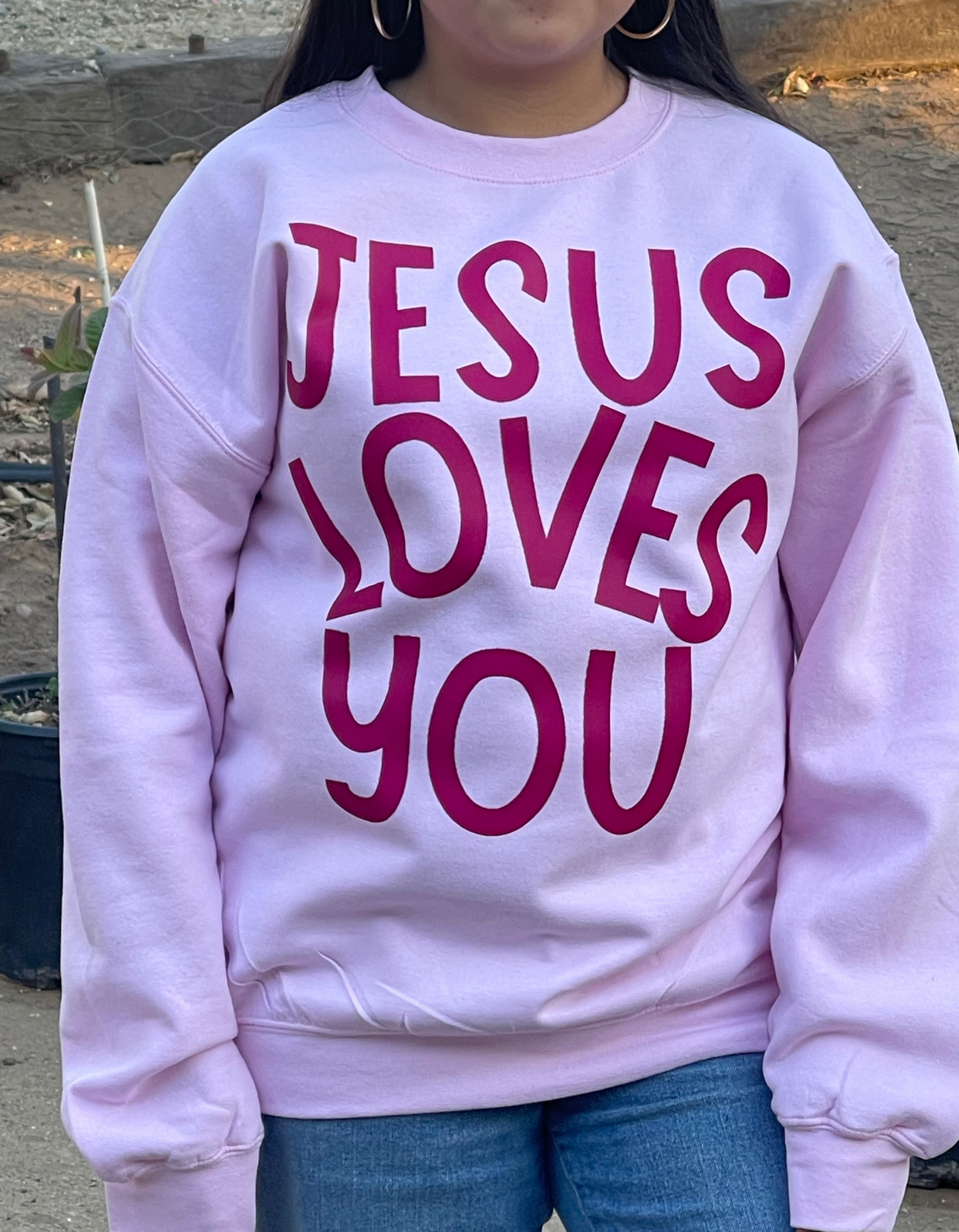 Soft pink Jesus Loves You Crewneck
