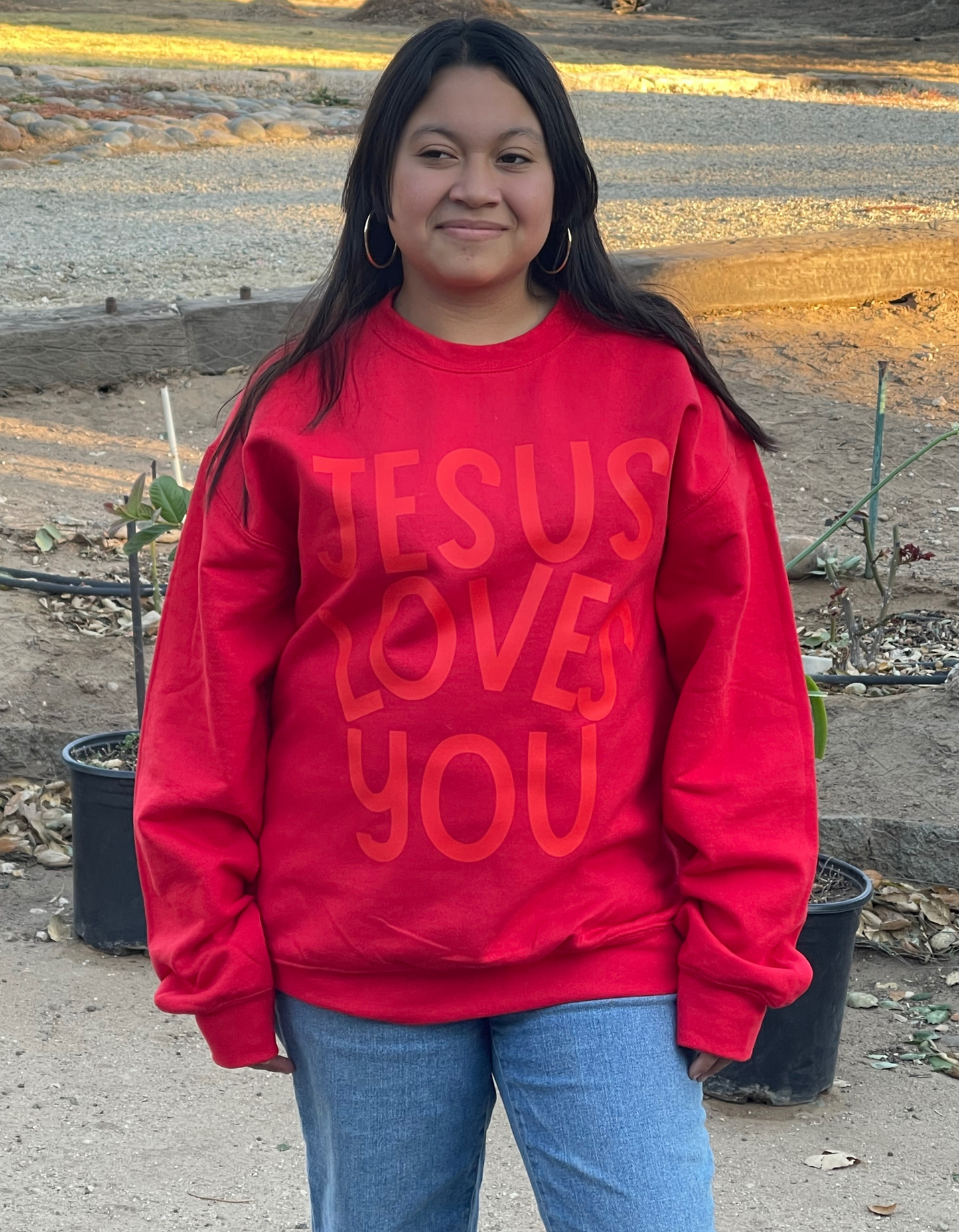 Red Color Jesus Loves You Crewneck Sweatshirt