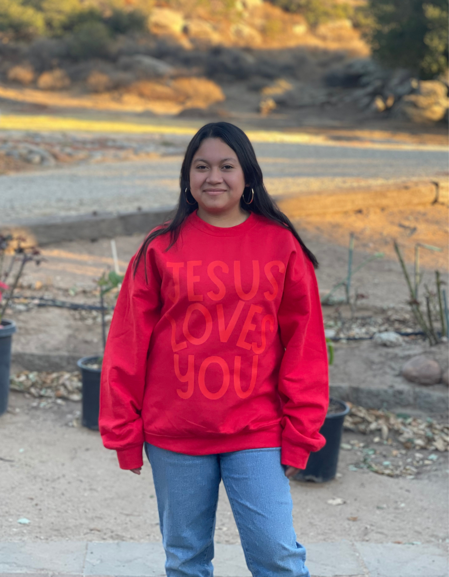 Red Color Jesus Loves You Crewneck Sweatshirt