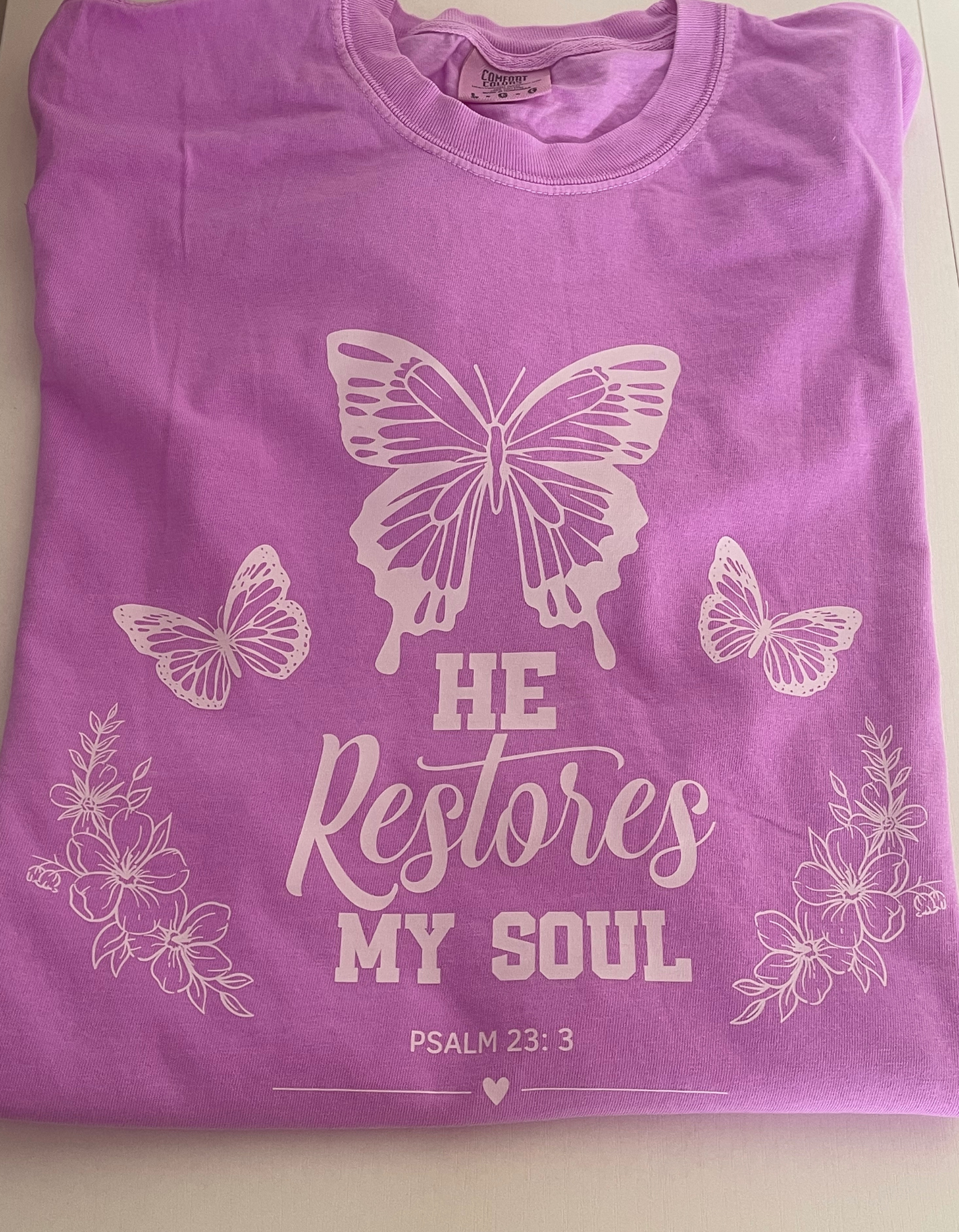 He Restores My Soul Comfort Colors Tee- Neon purple