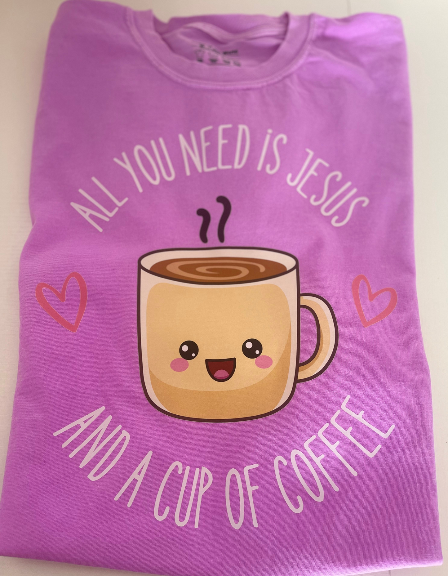 All I Need Is Jesus and a Cup of Coffee Tee- Neon purple
