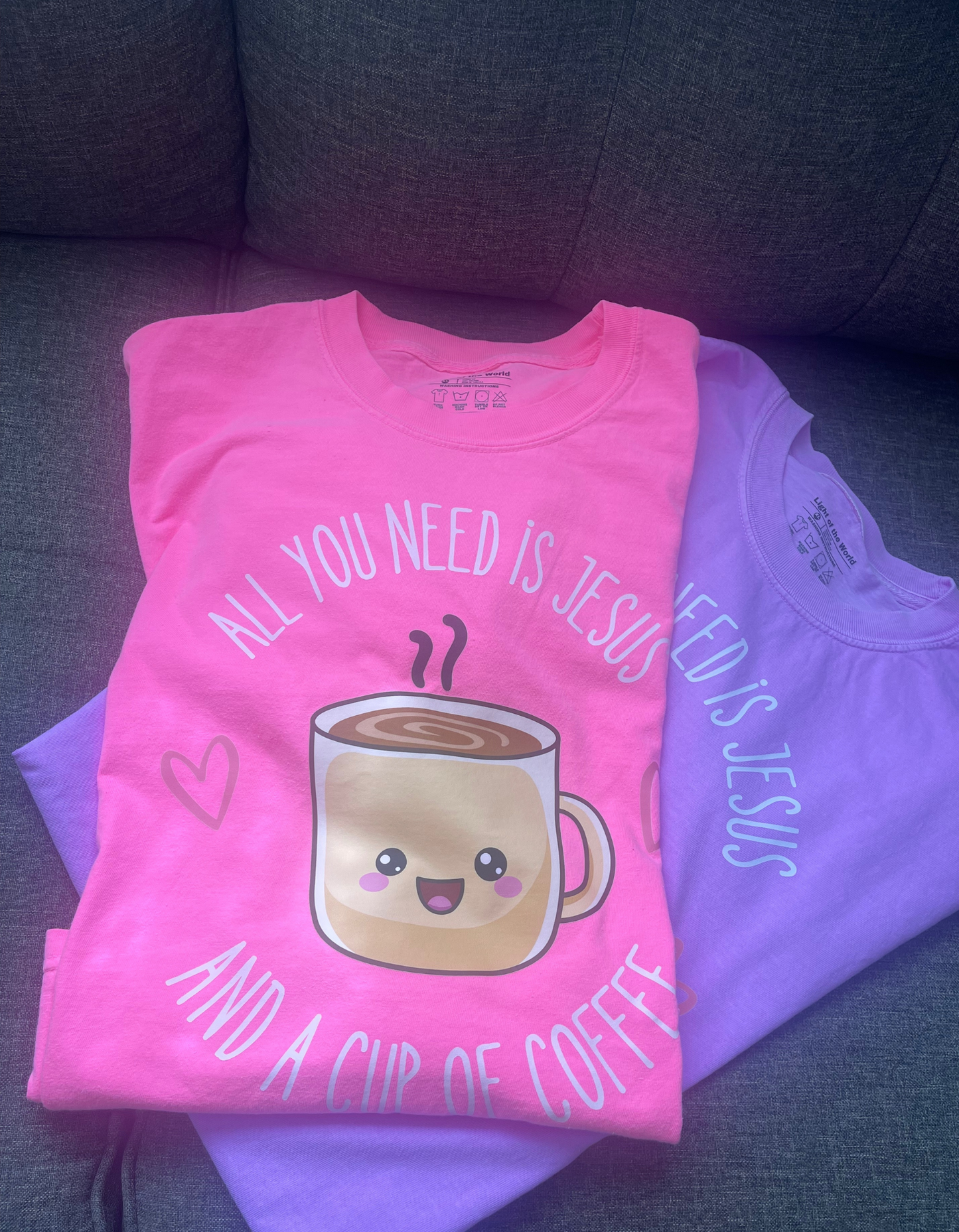 All I Need Is Jesus and a Cup of Coffee Tee- Neon purple