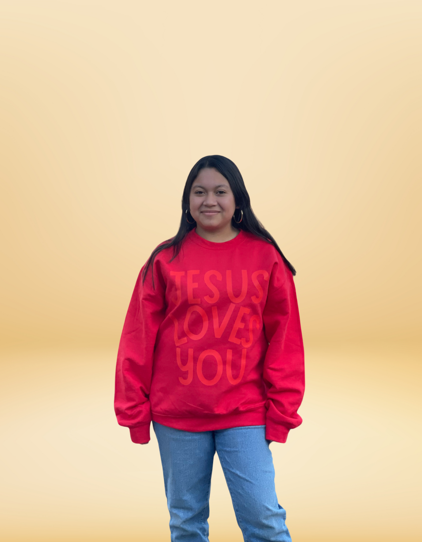 Red Color Jesus Loves You Crewneck Sweatshirt